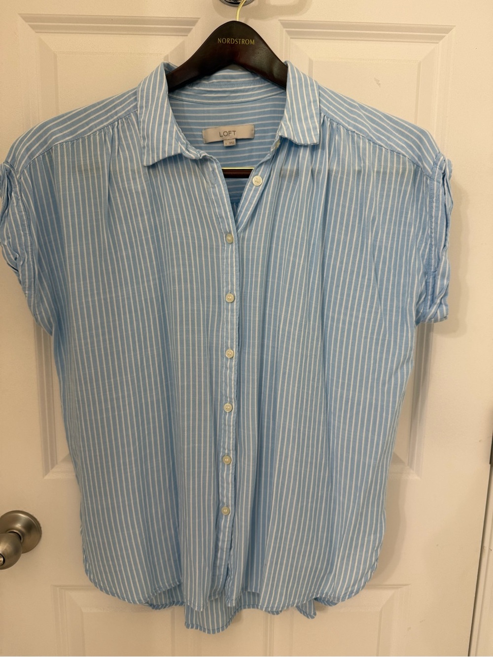 LOFT Light Blue and White Vertical Stripe Button-Down Shirt